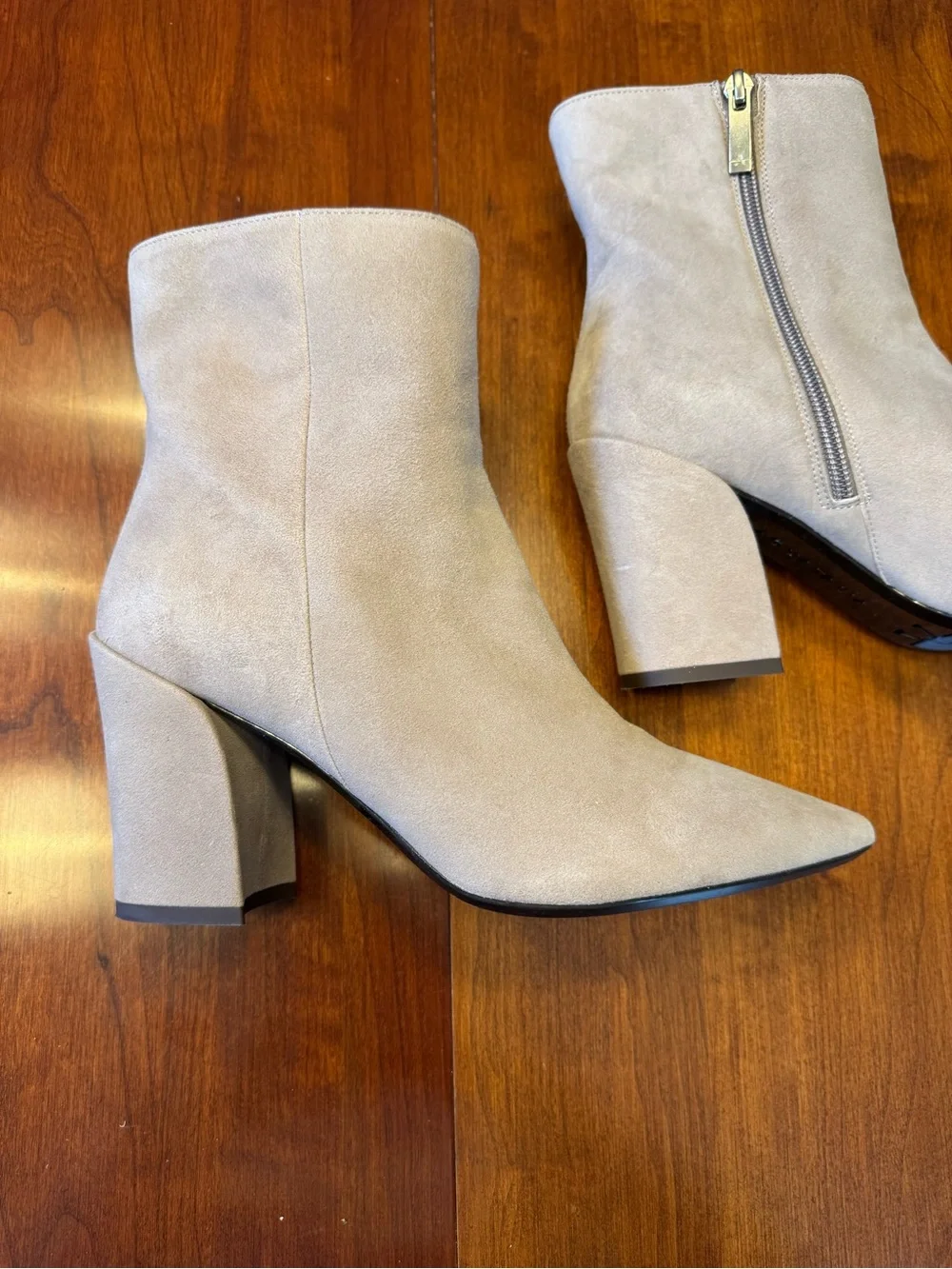 AQUATAILIA Suede Pointed Toe Block Heel Ankle Boots in Light Beige